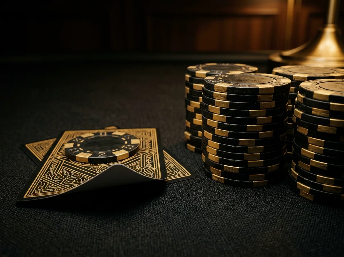 Stosy czarno-złotych żetonów i zakryte karty na ciemnym suknie stołu pokerowego